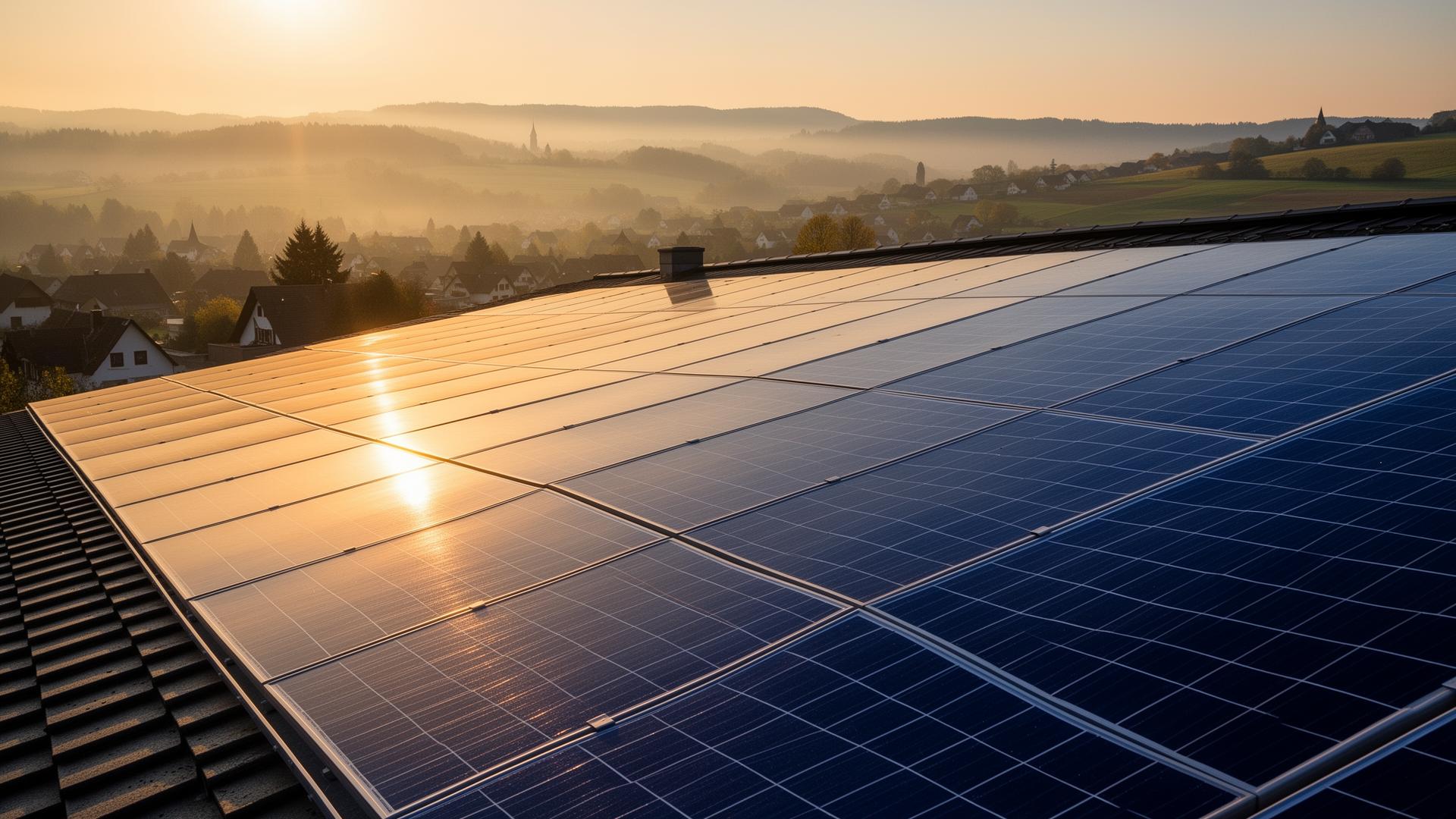 Sauber gereinigte Photovoltaik-Anlage über Esslingen im Morgenlicht